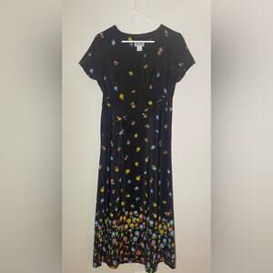 Vintage New Star Black Rayon Floral Print Short Sleeve Tie Waist Midi Dress Sz M